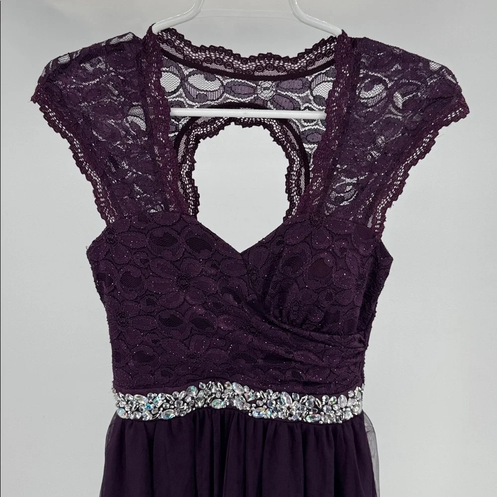 Deb Plum Purple Mini Dress lace tulle rhinestones open back 5 formal HOCO party